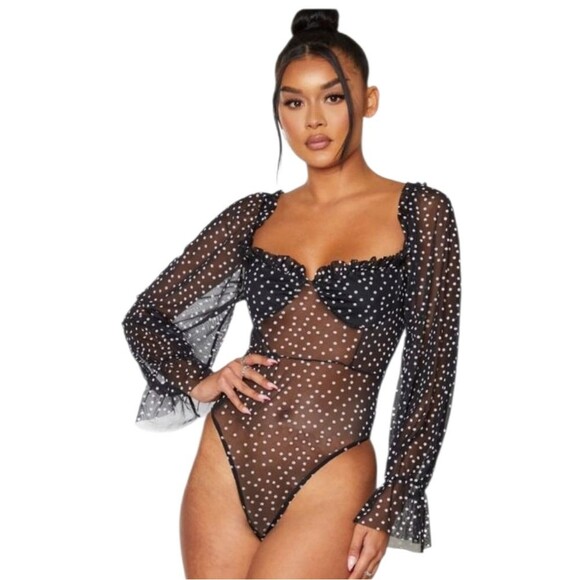 pretty little thing polka dot bodysuit milkmaid dark coquette sheer black size 0 - Picture 1 of 5